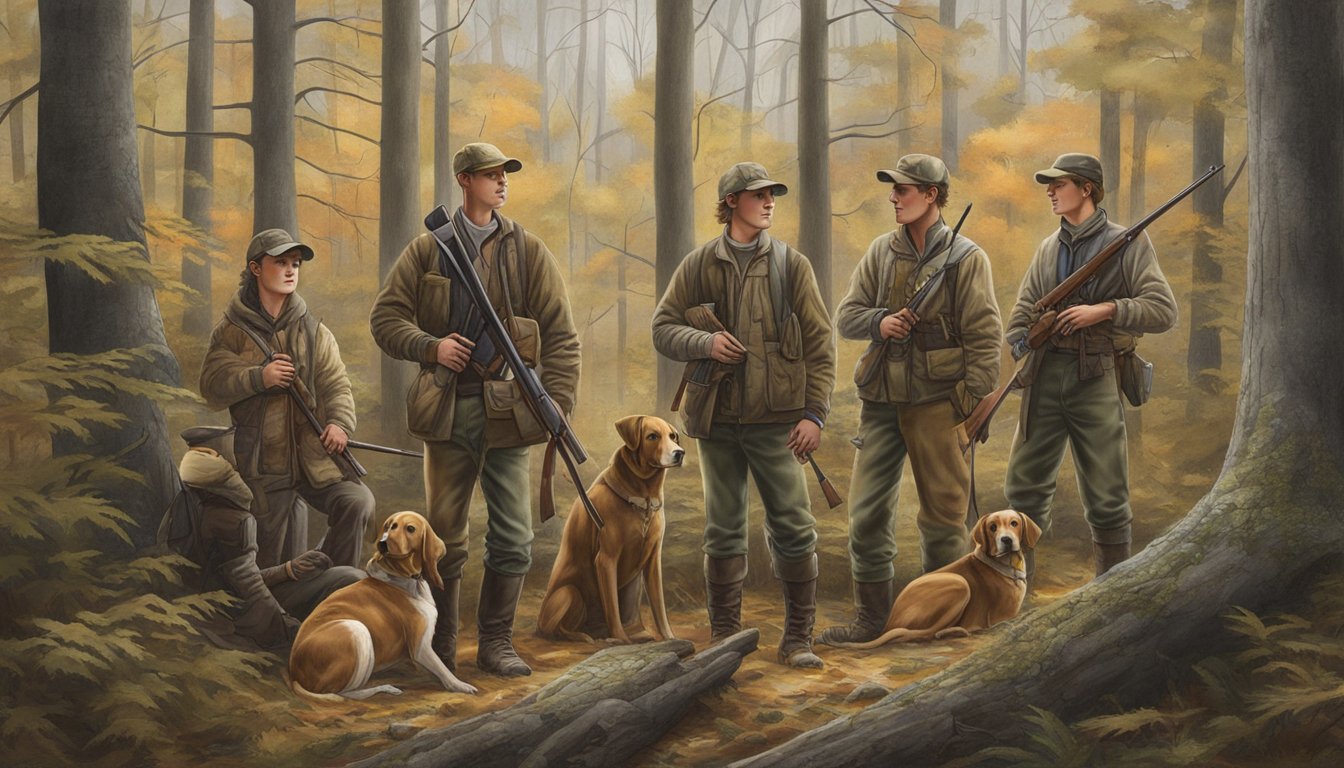 A group of young hunters in Maryland, standing in a forest clearing with their gear, rifles, and hunting dogs, preparing for a day of hunting