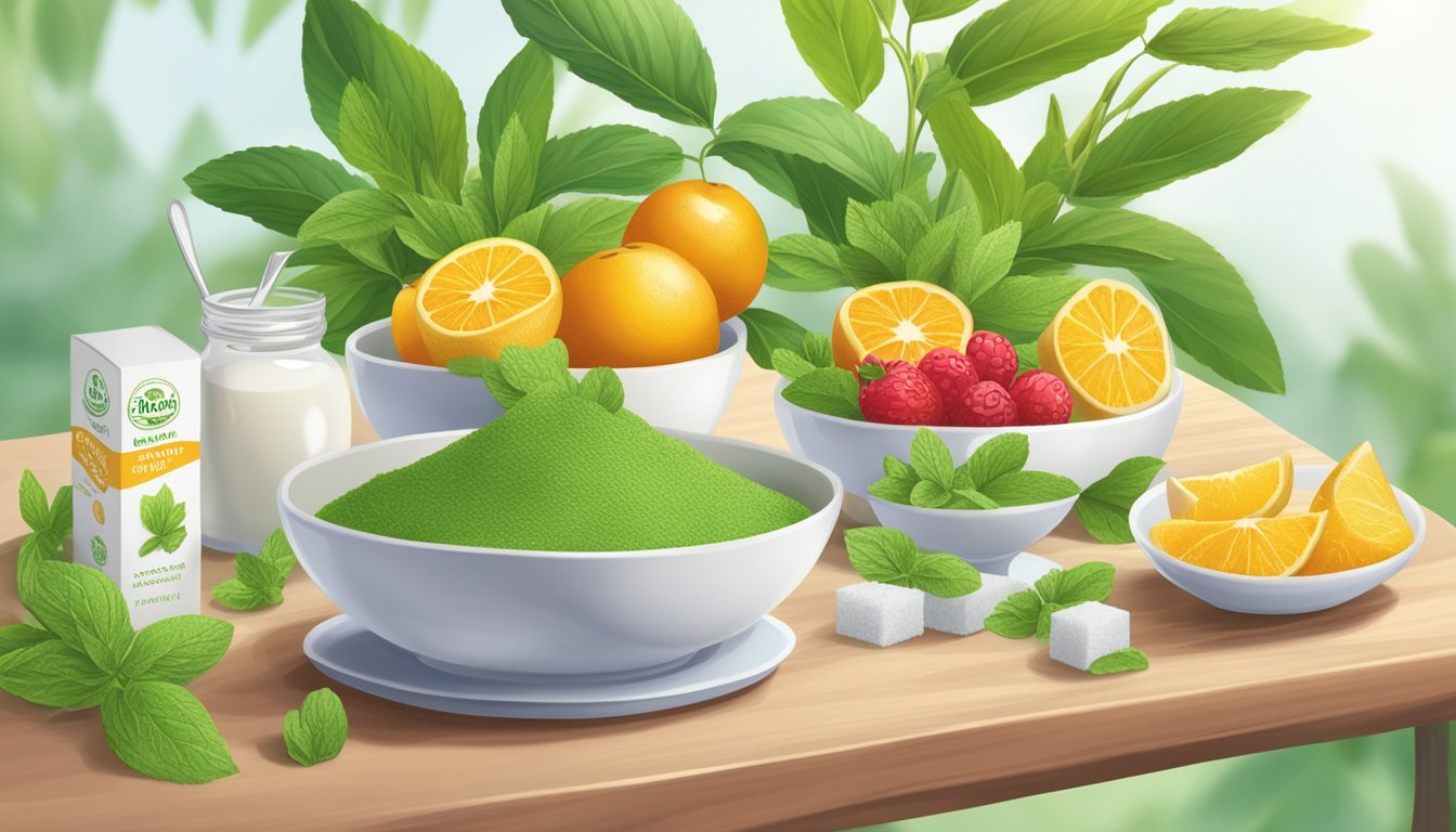 A table set with various sugar substitutes - stevia, monk fruit, erythritol, and xylitol - surrounded by fresh fruit and flowers for a natural sweetener taste test