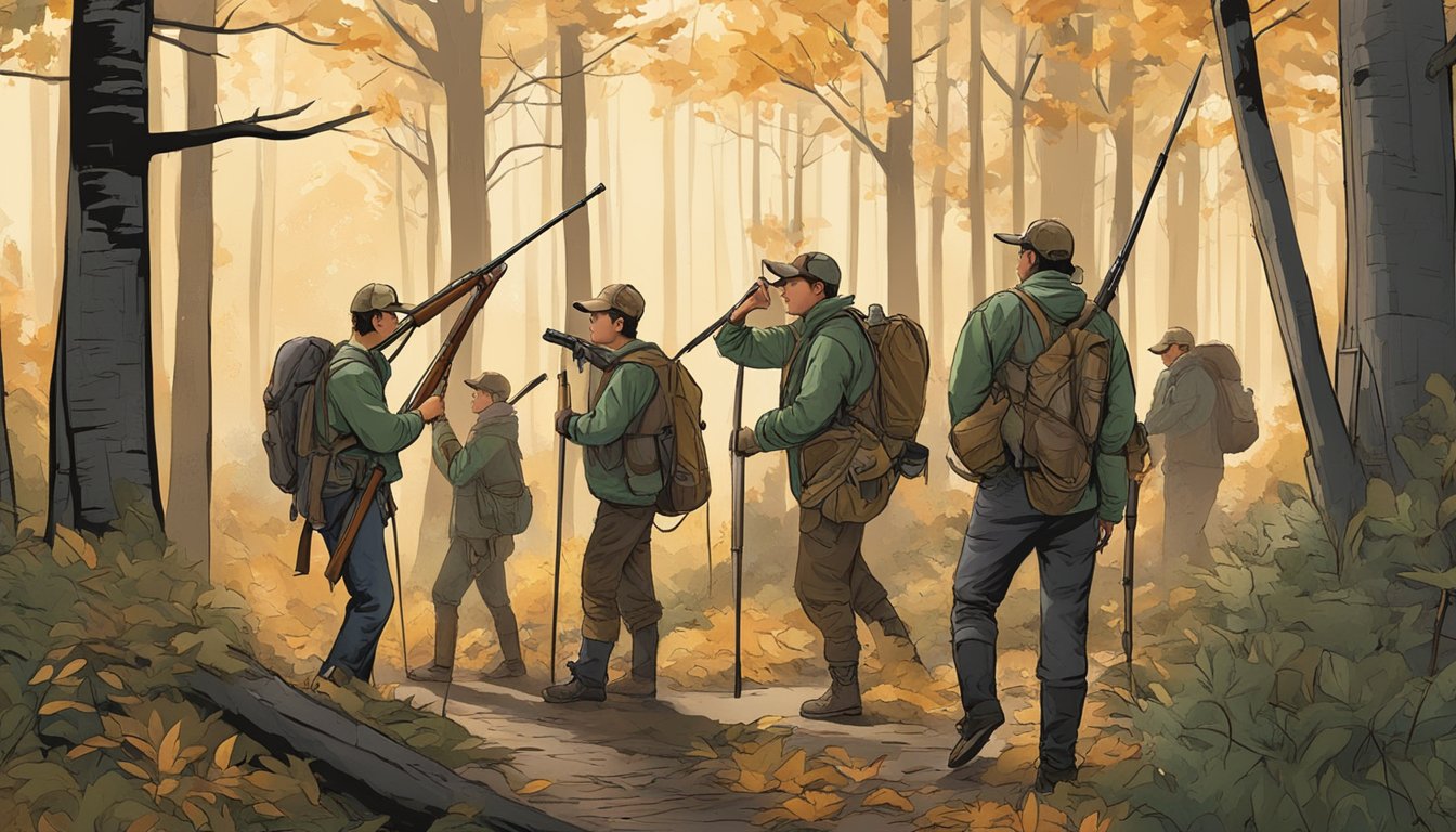 A group of young hunters in Maryland, accompanied by adult supervisors, navigating through a wooded area with hunting gear