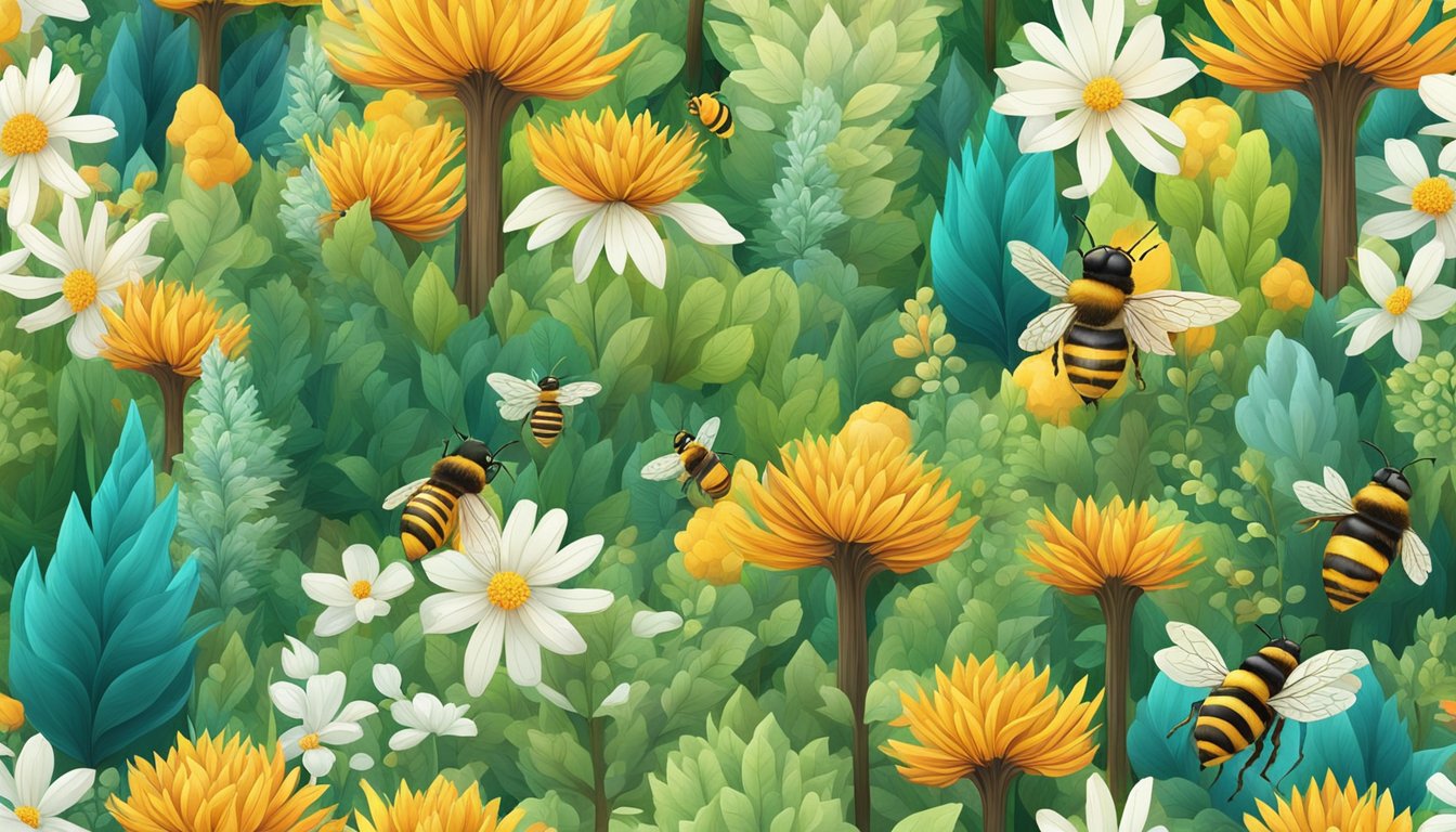 A lush, vibrant forest with buzzing bees and colorful flowers, showcasing various natural sweeteners like honey, maple syrup, and agave