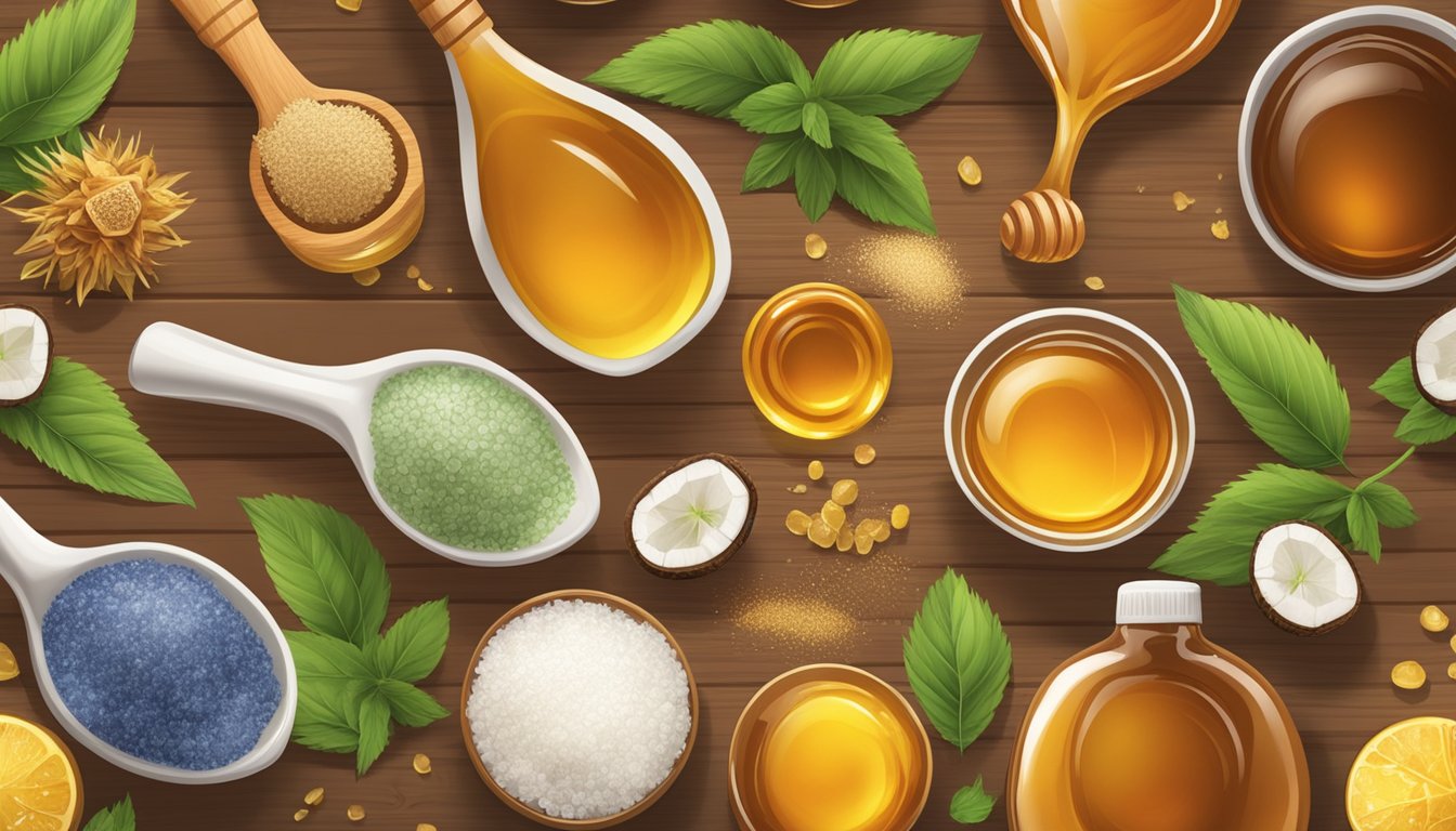 A variety of natural sweeteners displayed on a wooden table, including honey, maple syrup, agave nectar, stevia, and coconut sugar