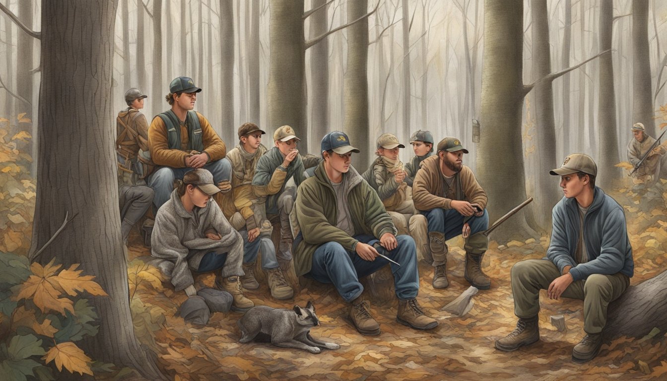 A group of young hunters gather in a wooded area, surrounded by trees and wildlife. They are accompanied by supportive adults and mentors, preparing for a day of hunting in Maryland