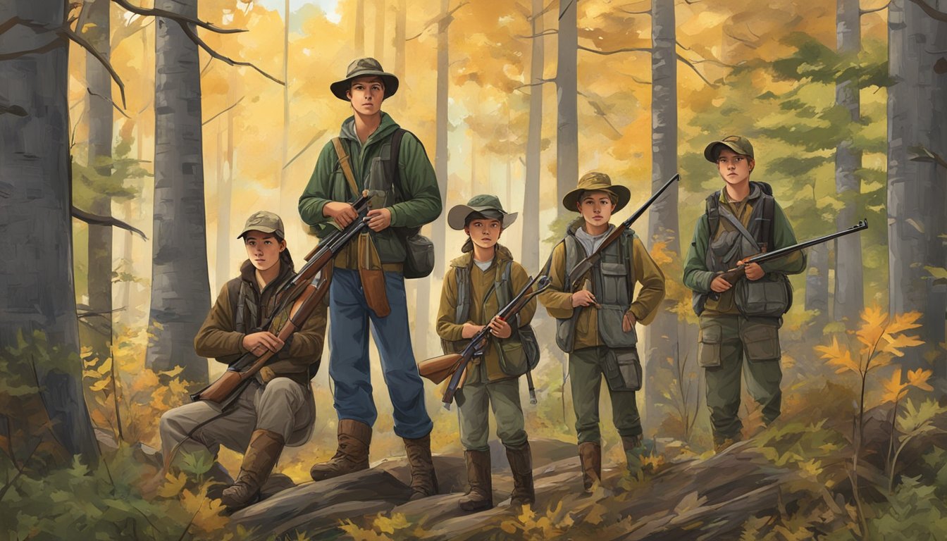 A group of young hunters in Minnesota, following the state's hunting regulations, are seen in a forest setting with rifles and hunting gear