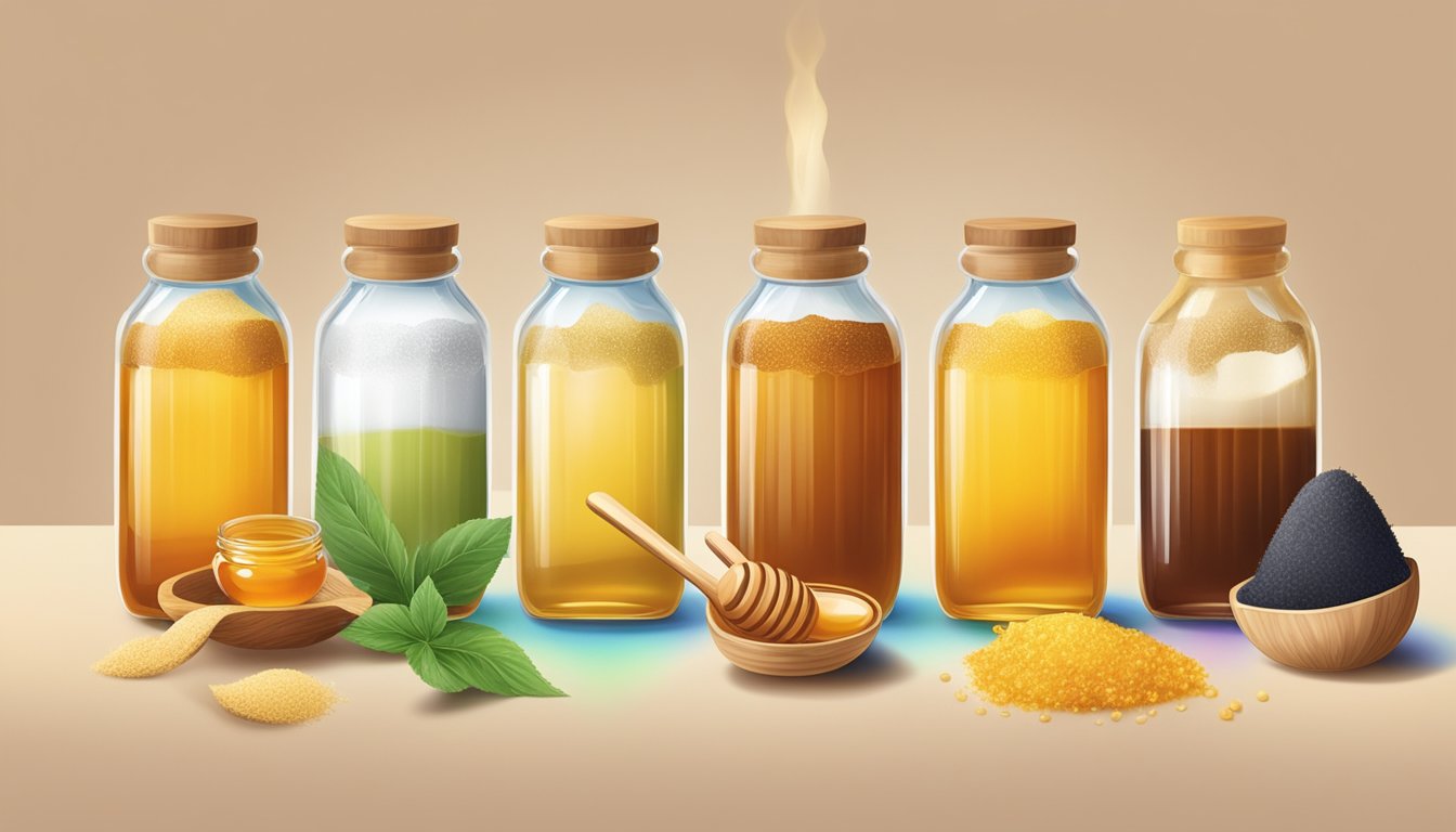 A variety of natural sweeteners arranged in a colorful spectrum, including honey, maple syrup, stevia, agave nectar, and coconut sugar