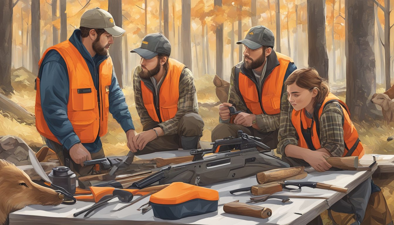 A group of young hunters in orange vests gather with adult mentors in a wooded area. Safety gear and hunting equipment are laid out on a table