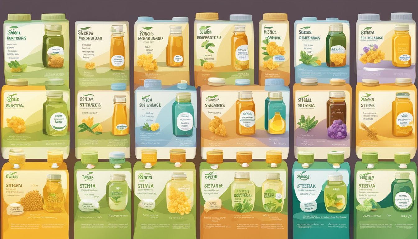 A variety of natural sweeteners, such as honey, agave, and stevia, arranged in a colorful display with accompanying descriptive labels