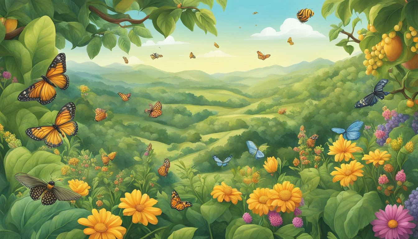 A lush, vibrant landscape with diverse plants and fruits, showcasing the natural sources of different sweeteners. Bees and butterflies flutter around, highlighting the ecosystem's importance