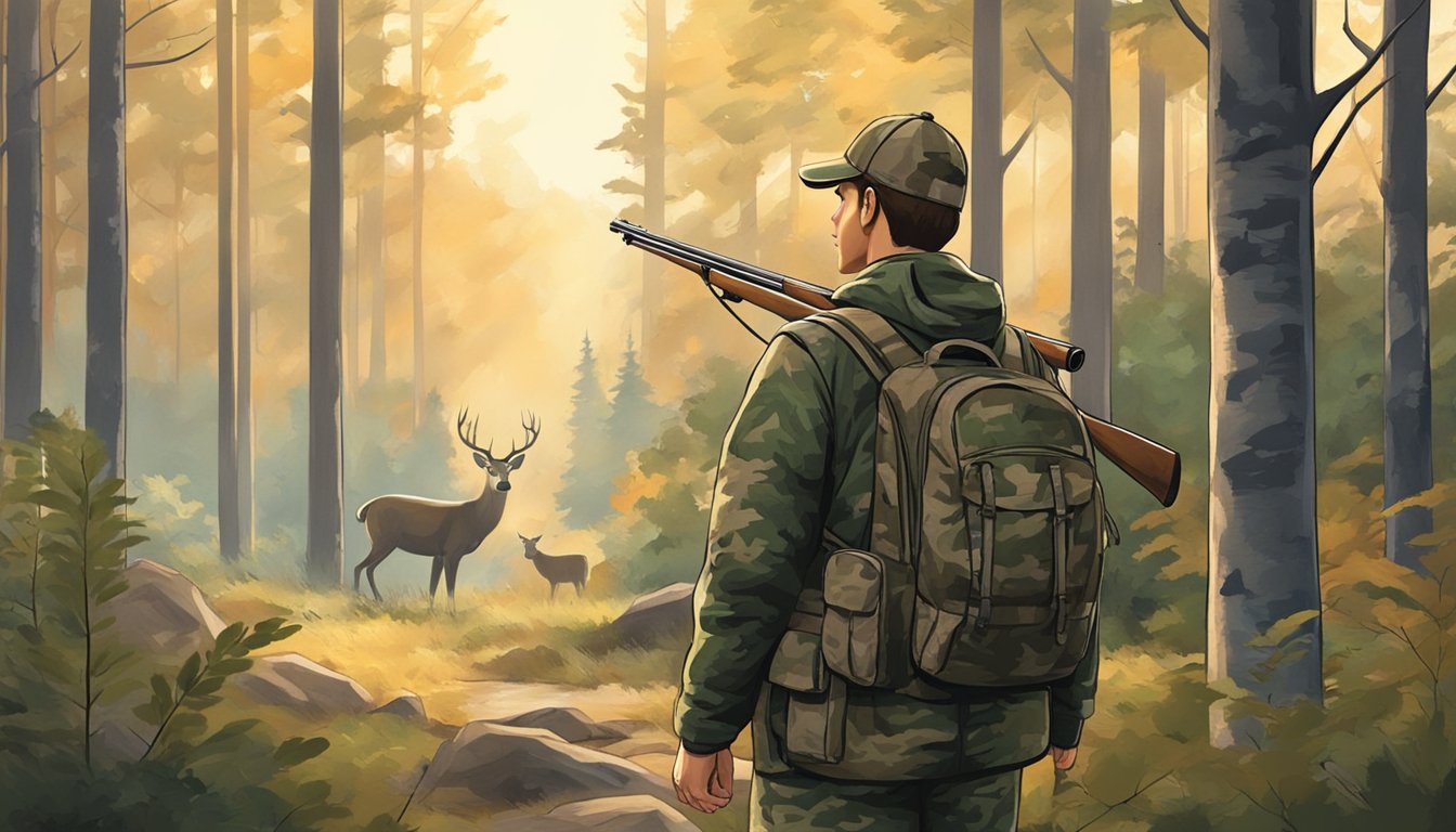 A young hunter in camouflage stands in a forest, bow in hand, watching a deer pass by. The setting is a peaceful, natural environment with trees and wildlife