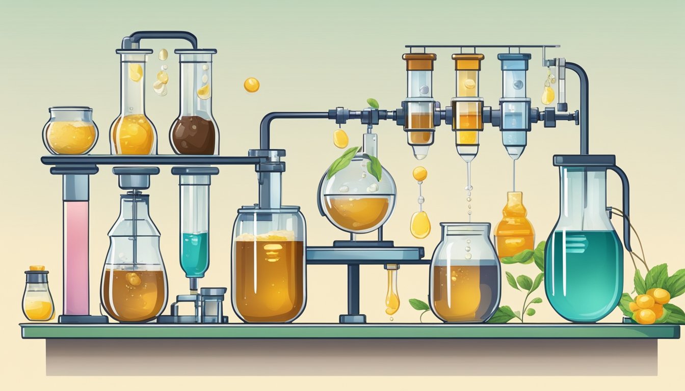 A laboratory setup with various natural sweeteners, including sugar, honey, and stevia, being analyzed for their sweetness profiles using scientific equipment