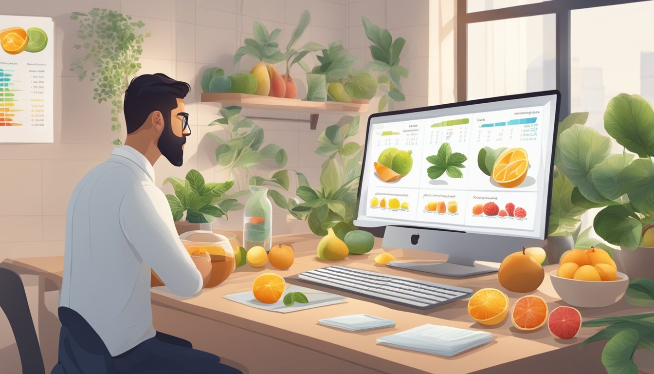 A table with bowls of different natural sweeteners, surrounded by fruits and plants. A scientist examines a sweetness profile chart on a computer screen