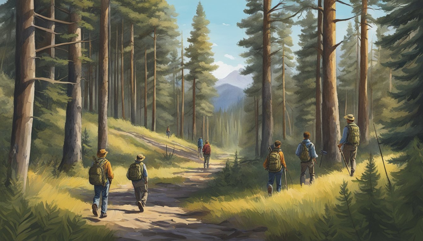 A group of young hunters in Montana navigating through a forest, accompanied by adult supervisors, while following the state's regulatory framework for youth hunting