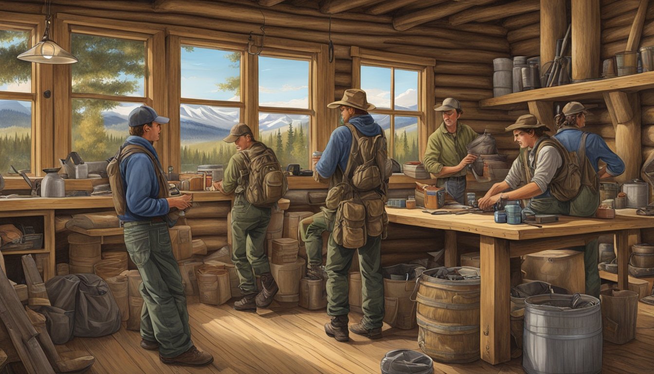 A group of young hunters gather gear and supplies at a rustic Montana hunting lodge