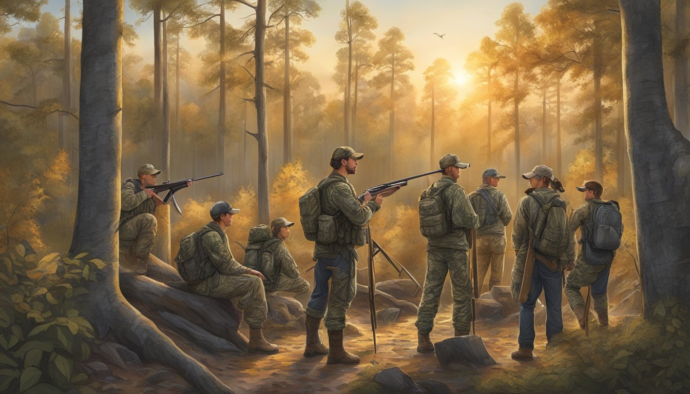 A group of young hunters and mentors gather in a wooded area, preparing for a day of hunting in Georgia. They are equipped with rifles and camouflage gear, with the sun rising in the background