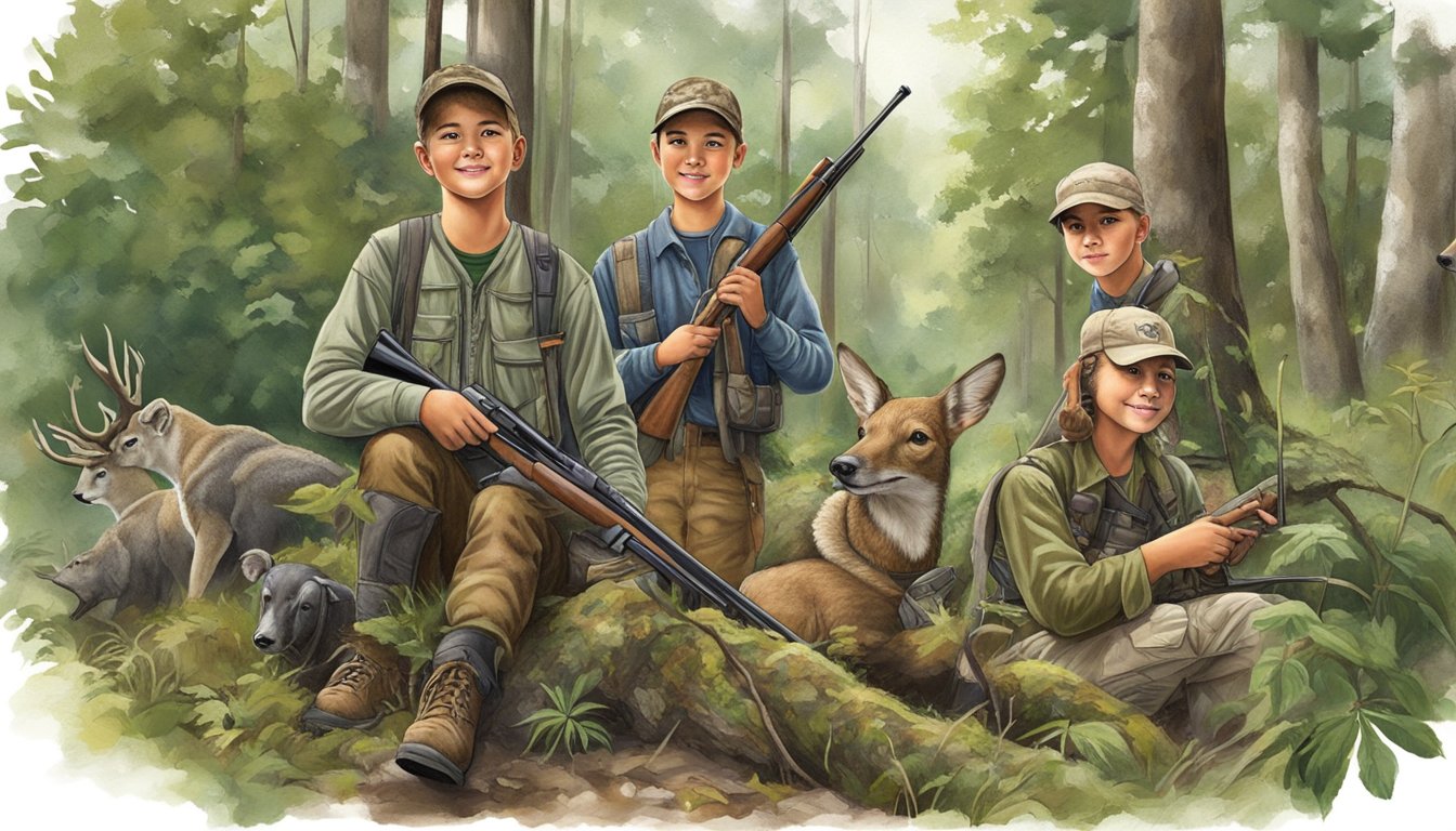 A group of young hunters in Georgia's wilderness, surrounded by diverse wildlife and lush vegetation, showcasing the state's commitment to wildlife resources and conservation through youth hunting programs