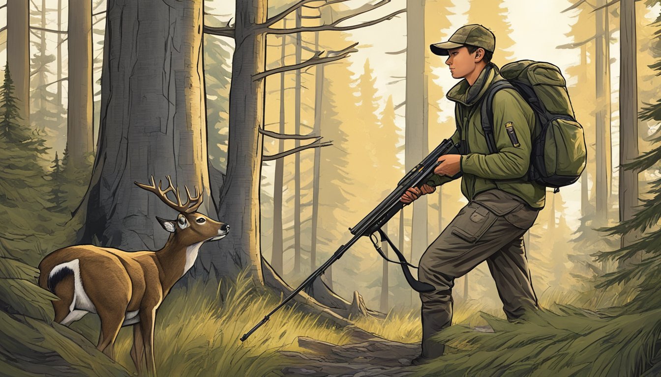 A young hunter in Montana carefully tracks a deer through the forest, using ethical and respectful hunting practices