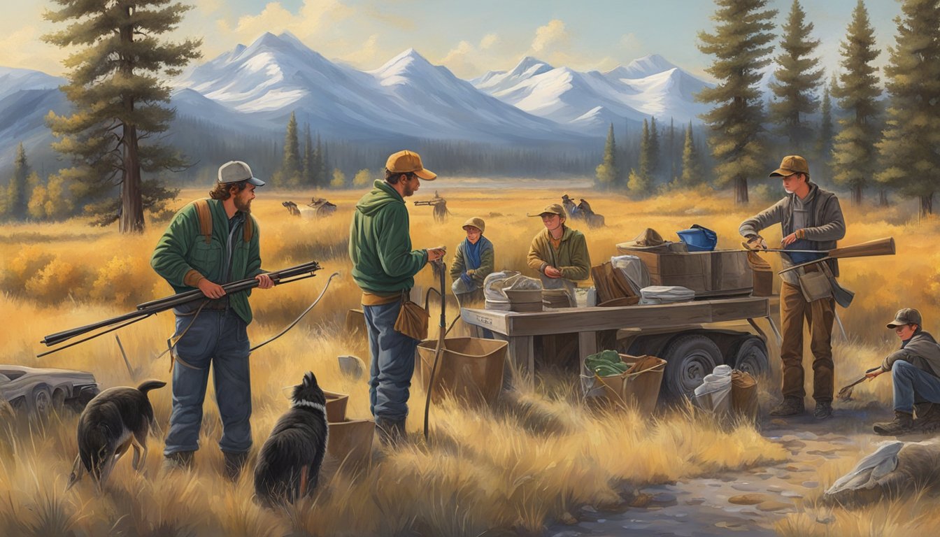 A group of young hunters in Montana tending to post-hunt responsibilities, such as cleaning their equipment and properly disposing of waste, while also discussing the importance of conservation efforts