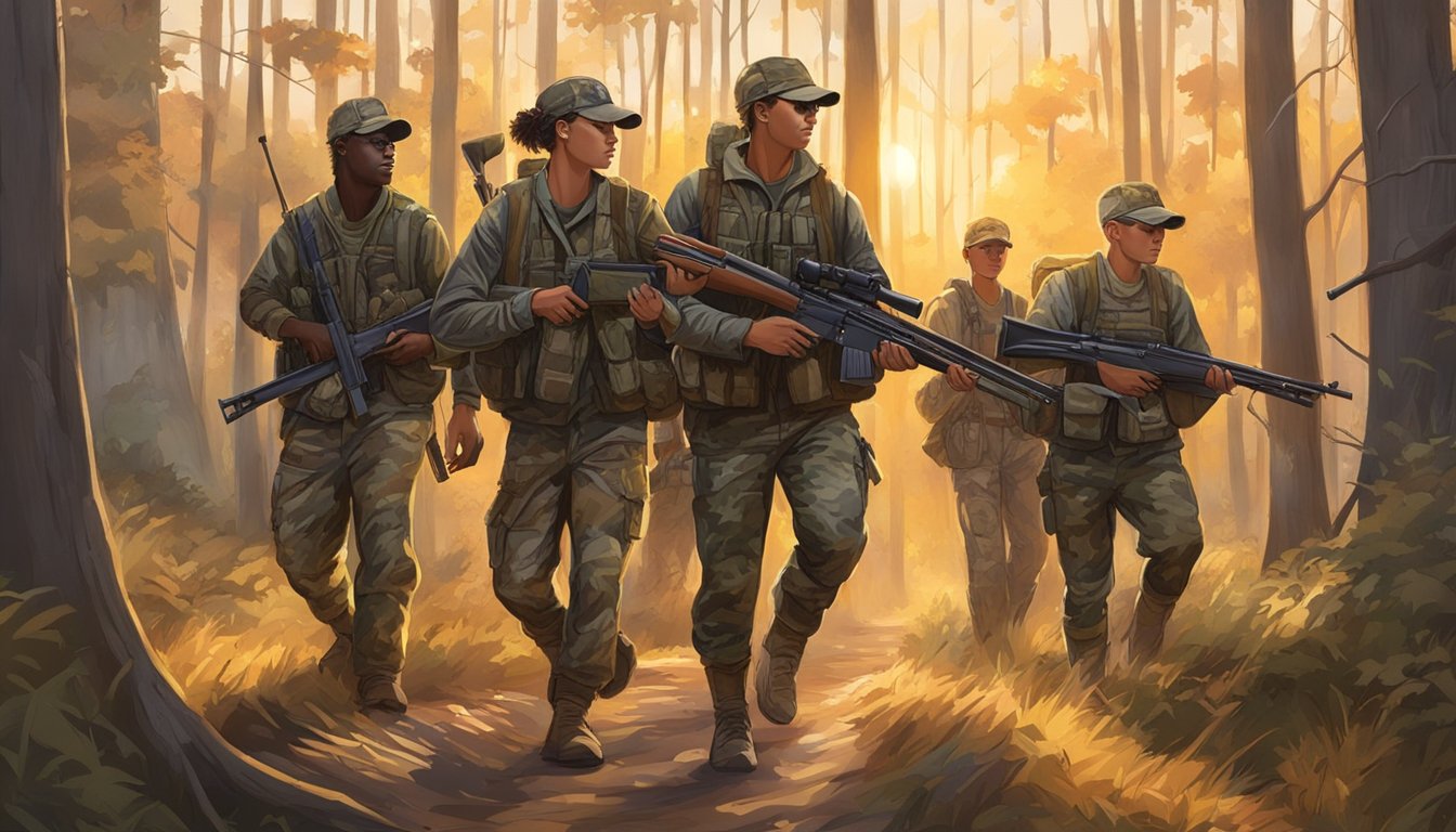 A group of young hunters in camouflage gear, carrying rifles and walking through a wooded area in Georgia. The sun is setting, casting a warm glow over the landscape