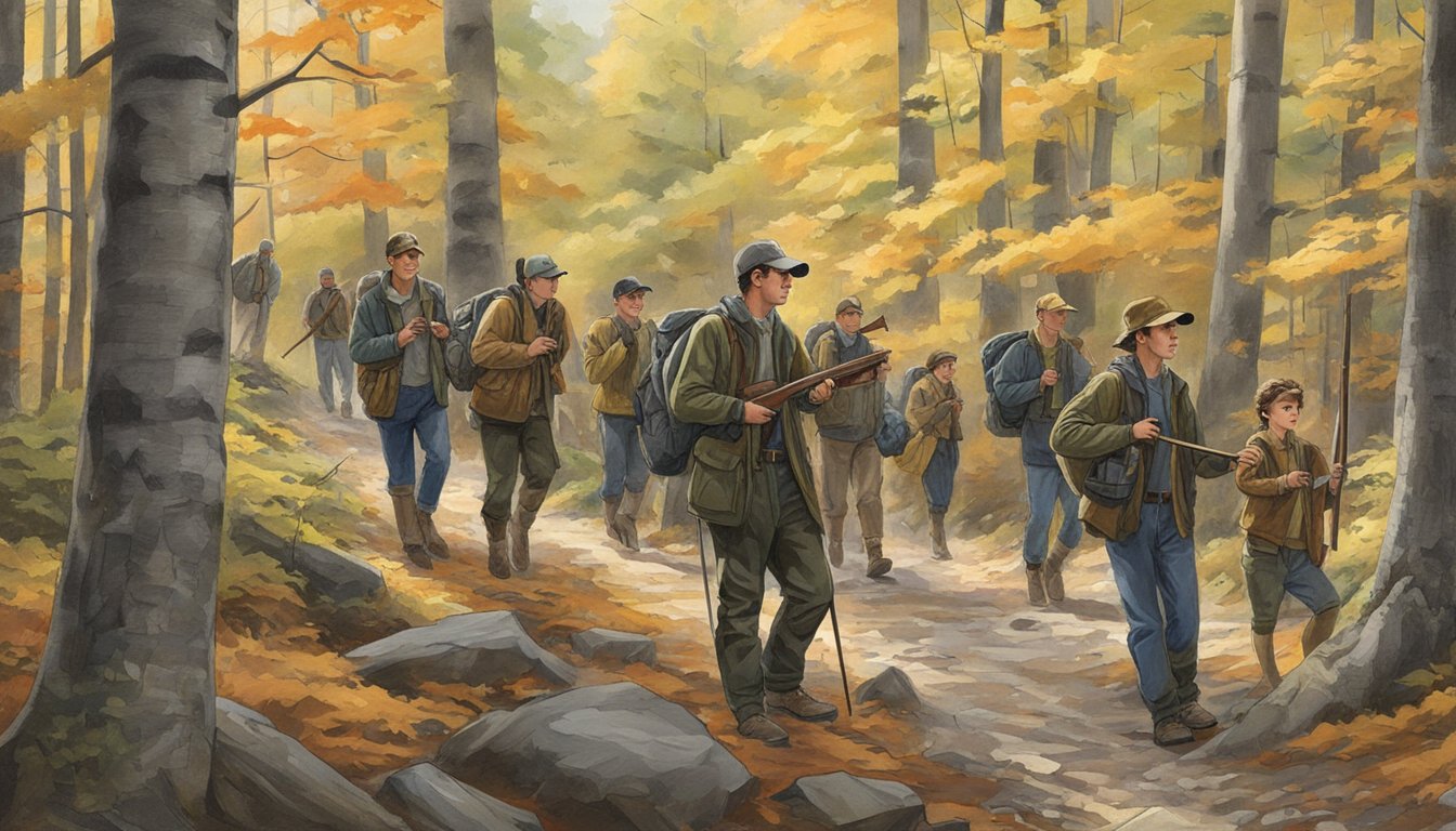 A group of young hunters in New Hampshire, accompanied by adult supervisors, navigating through a wooded area with hunting gear and following legal requirements