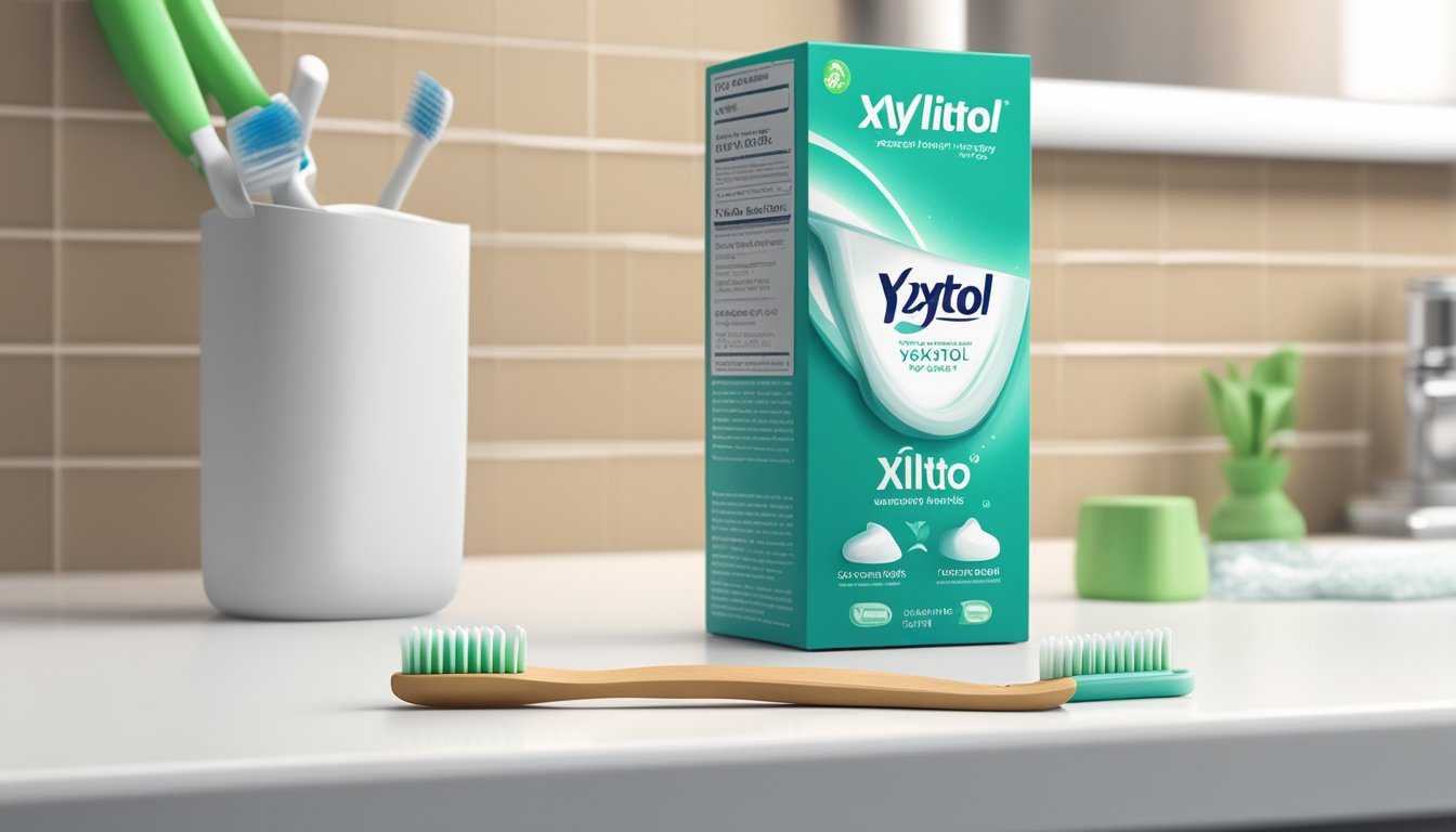 A toothbrush and toothpaste tube next to a pack of xylitol gum on a bathroom countertop