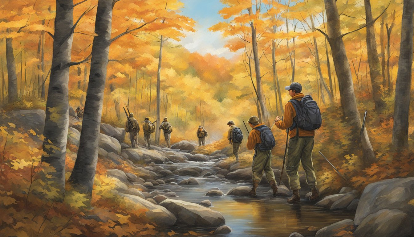 A group of young hunters, accompanied by mentors, explore the New Hampshire woods during a youth hunting program. The fall foliage provides a colorful backdrop to their outdoor adventure