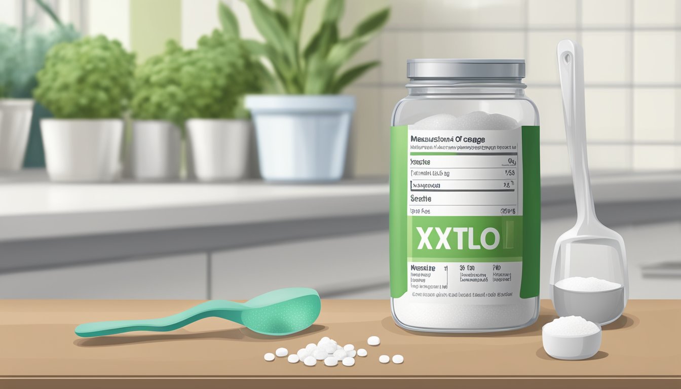 A jar of xylitol next to a measuring spoon and a dosage chart on a countertop