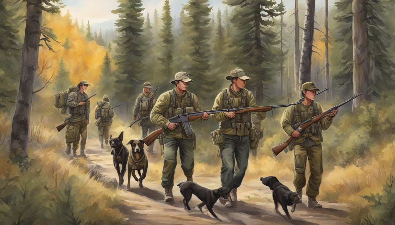 A group of young hunters in Idaho, carrying rifles and wearing camouflage gear, trek through a wooded area with their hunting dogs