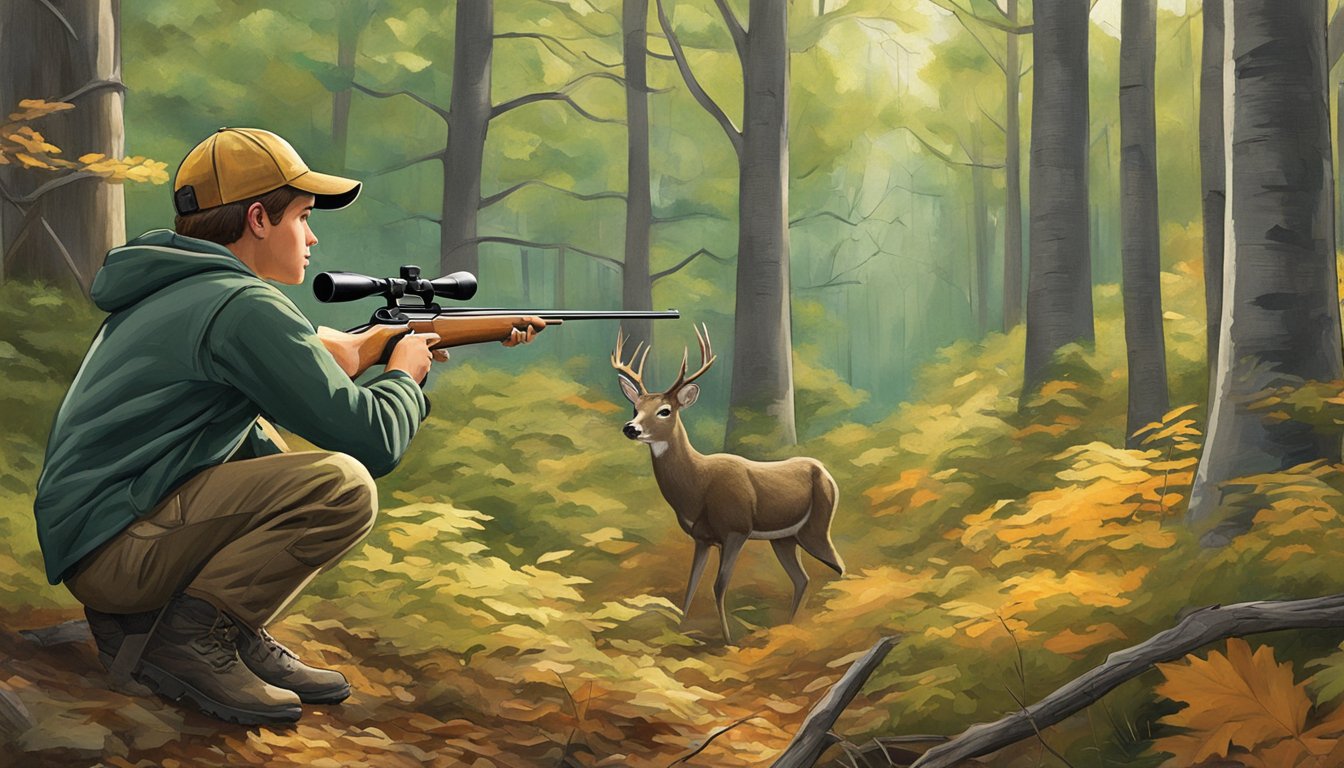 A young hunter in New Hampshire carefully takes aim at a deer in a wooded area, following ethical hunting practices