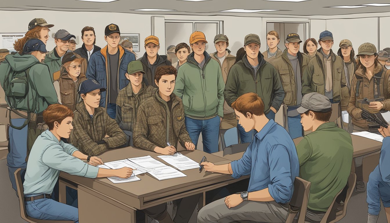 A group of young hunters in Idaho applying for hunting licenses and permits at a government office