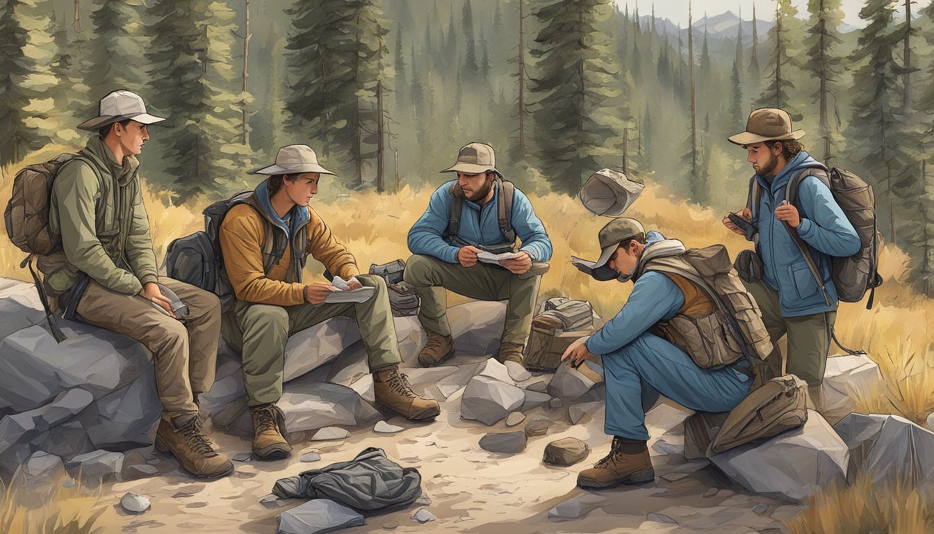 A group of young hunters gather gear and maps, preparing for a hunting trip in the rugged Idaho wilderness