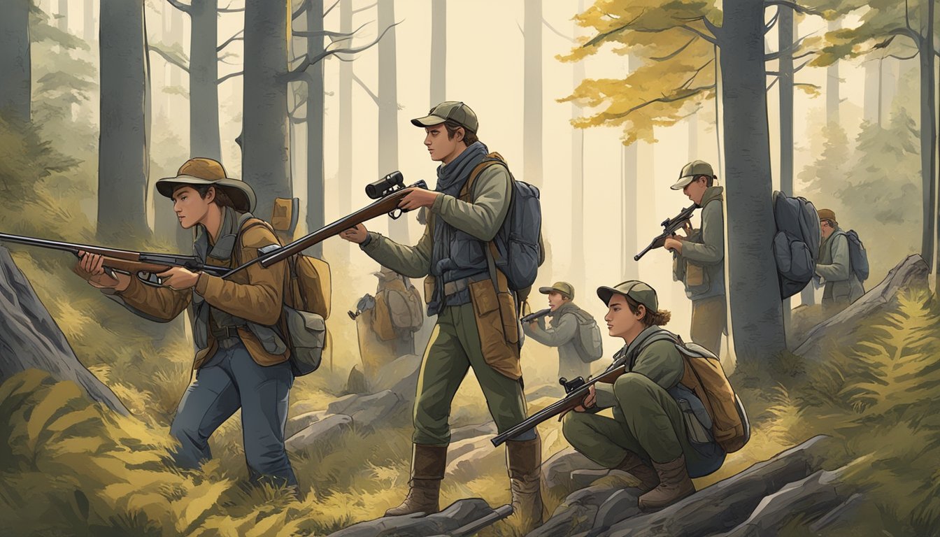 A group of young hunters gather their gear in a forest clearing, checking their rifles and packs before heading out