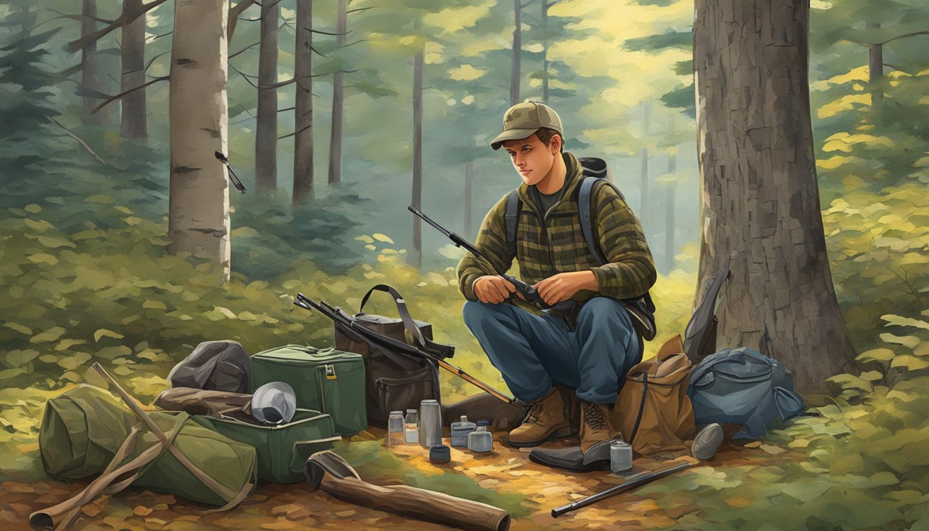 A young hunter in New Hampshire cleans and prepares their gear after a successful hunt, surrounded by the peaceful beauty of the forest