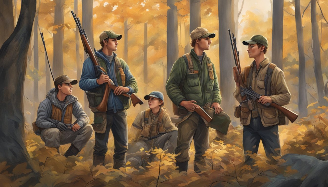 A group of young hunters in Illinois, surrounded by forest and wildlife, eagerly preparing for a hunting trip