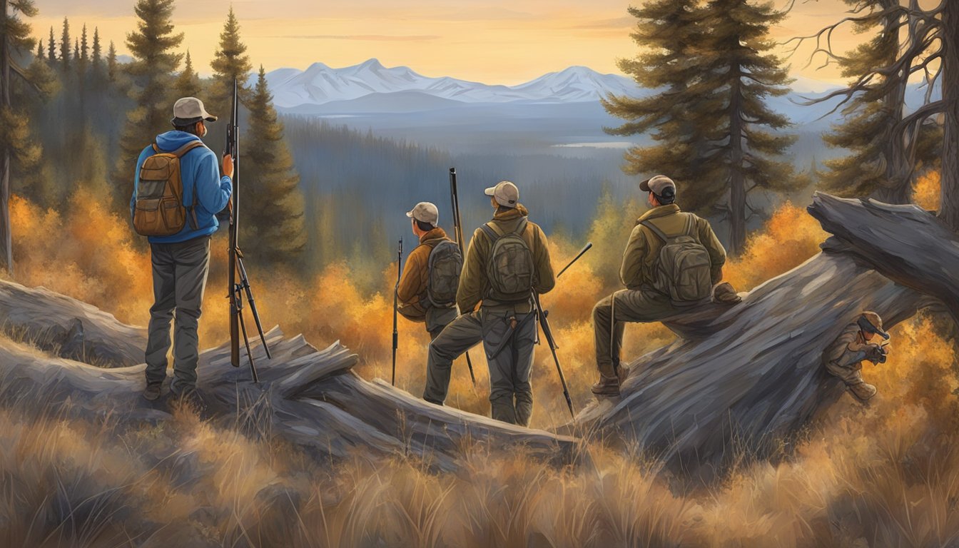 A group of young hunters in Idaho, respectfully observing wildlife and practicing ethical hunting in a beautiful natural setting