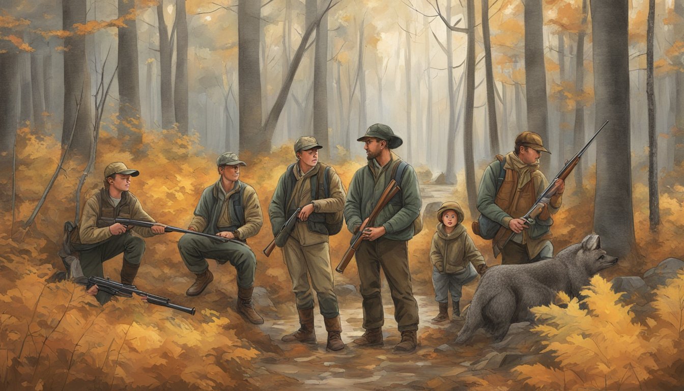 A group of young hunters in New York State, following hunting regulations, with adult supervision in a forest setting