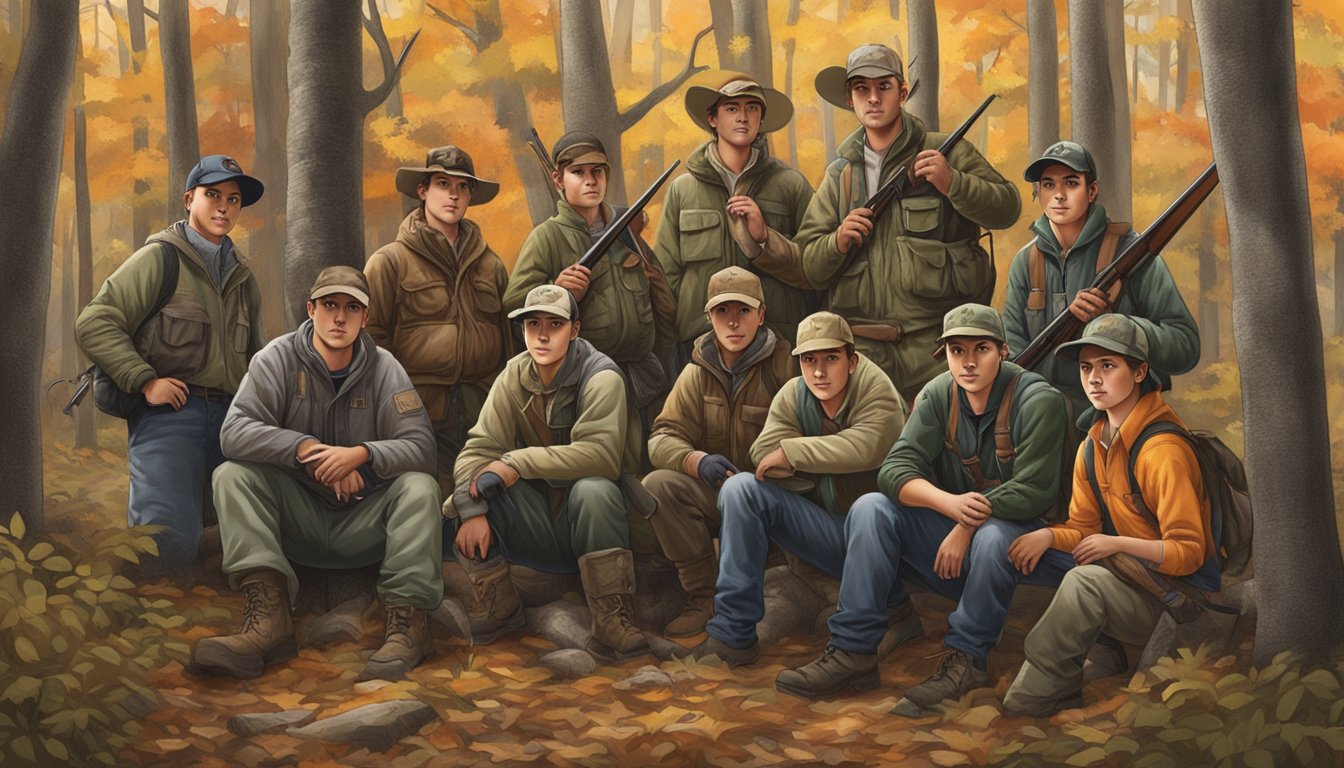 A group of young hunters gather at a New York hunting education and safety course, surrounded by forest and wildlife