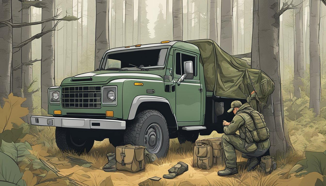 A hunter unpacks gear from a truck in a wooded area, checking a map and adjusting camouflage clothing