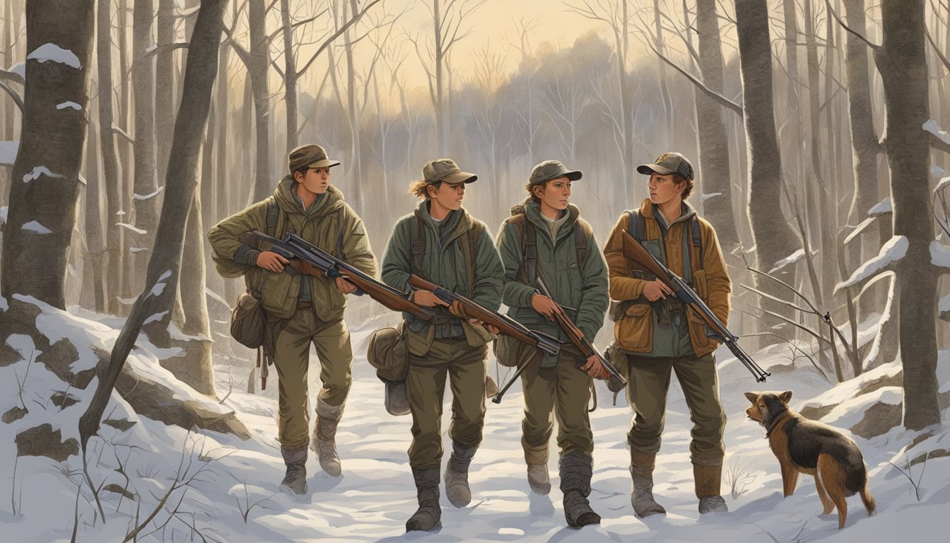 A group of young hunters in Illinois trek through wooded hunting areas, rifles in hand, accompanied by experienced guides