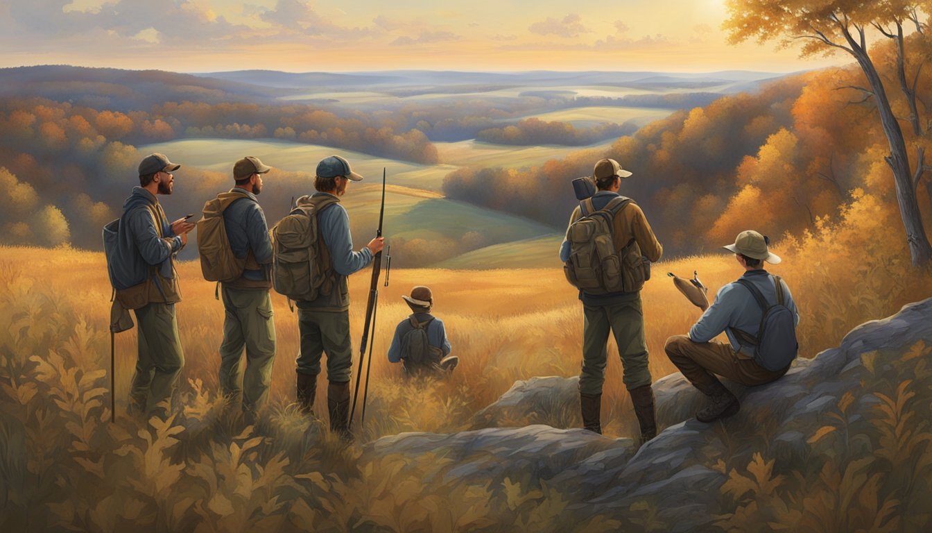 A group of young hunters and their adult mentors gather in a field, surrounded by Iowa's rolling hills and dense forests. They study maps and regulations, preparing for a day of hunting