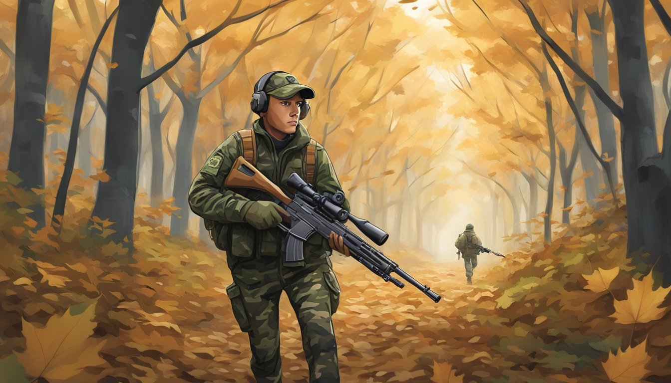 A young hunter in camouflage gear carries a rifle through a dense New York forest, surrounded by tall trees and fallen leaves