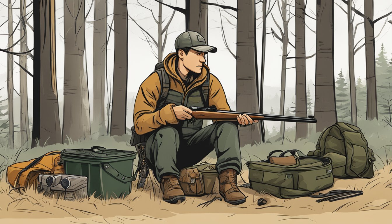 A hunter in Illinois cleans and prepares their gear after a successful hunt, surrounded by the peaceful, natural setting of the forest