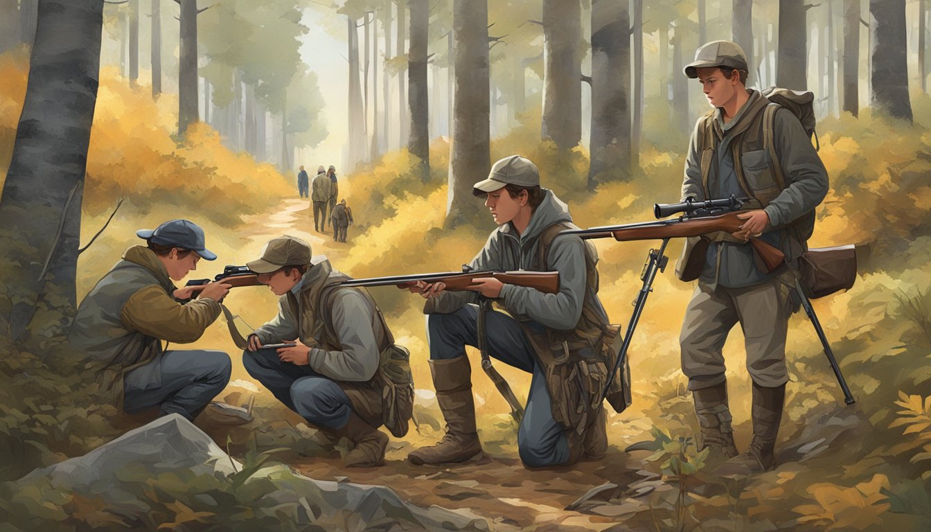 A group of young hunters gather gear and check rifles in a wooded clearing before setting out for the hunt