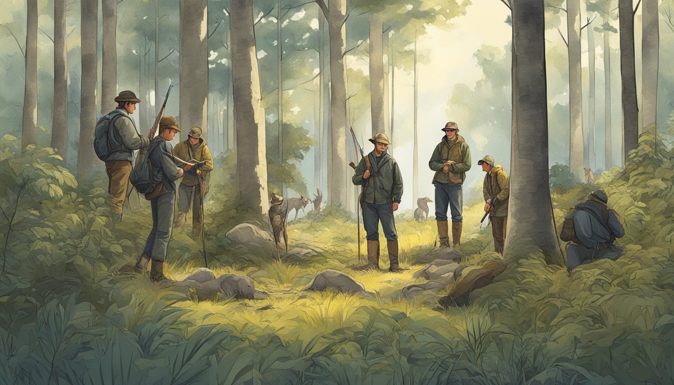 A group of young hunters gather in a forest clearing, surrounded by trees and wildlife. A mentor demonstrates hunting techniques as others listen and observe