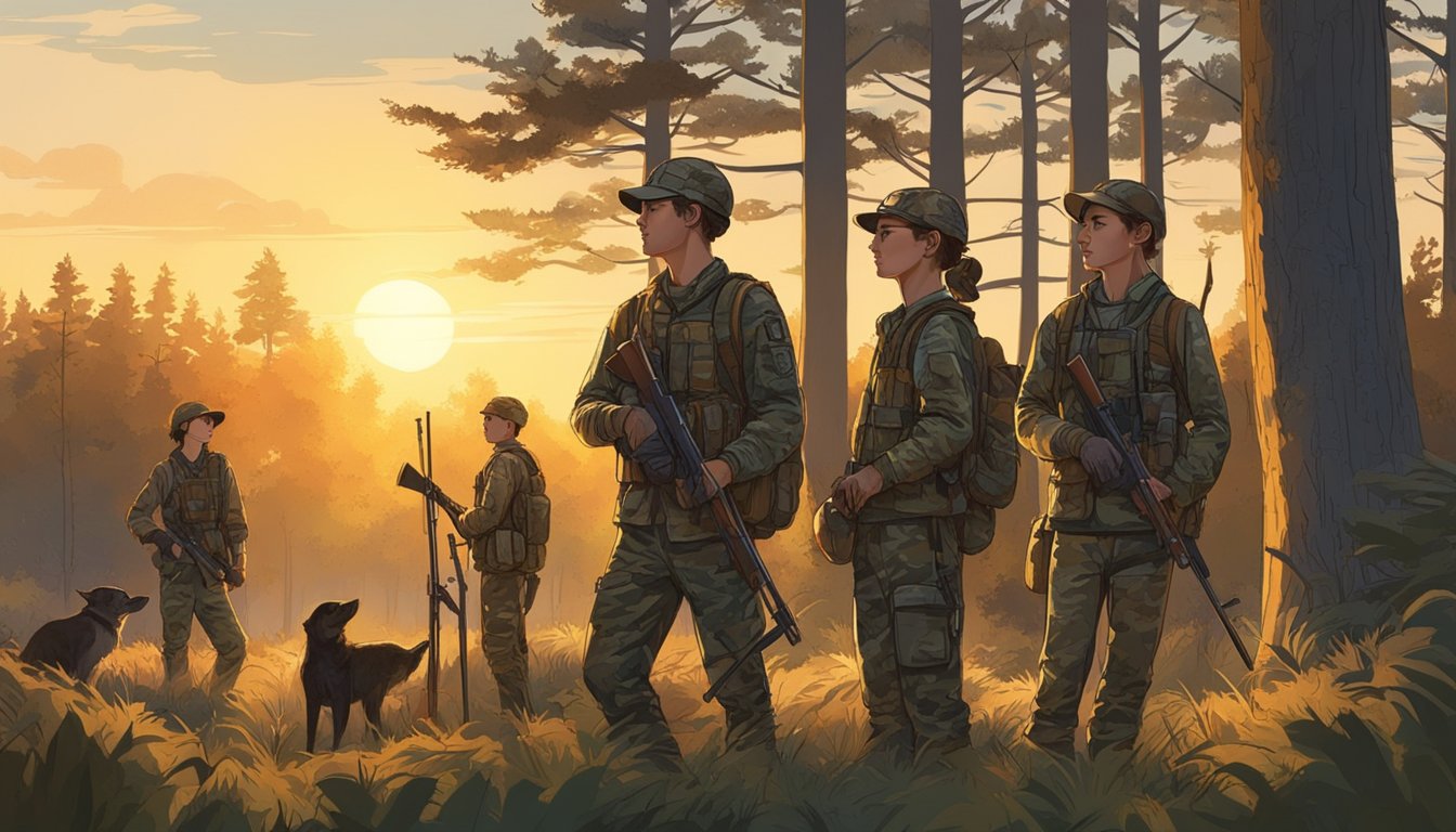 A group of young hunters in camouflage gear stand in a forest clearing, surrounded by trees and undergrowth. The sun is setting, casting a warm glow over the scene