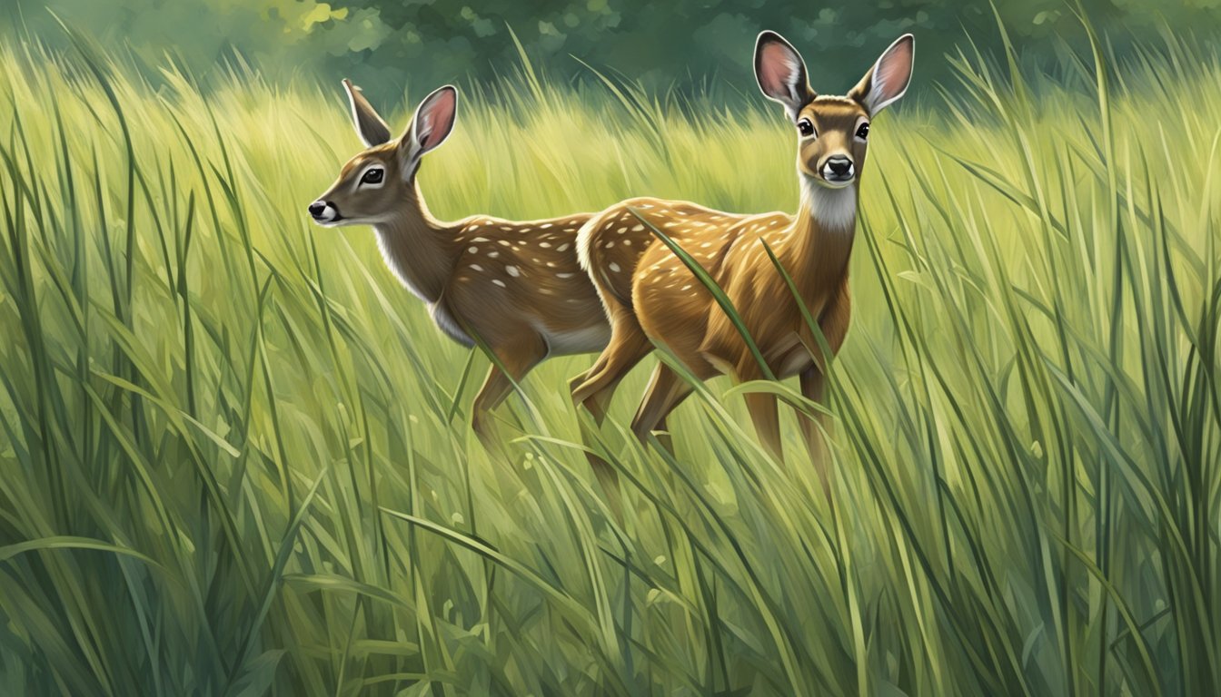 A young deer stalks through the tall grass, eyes fixed on a group of unsuspecting rabbits. Its muscles tense as it prepares to pounce