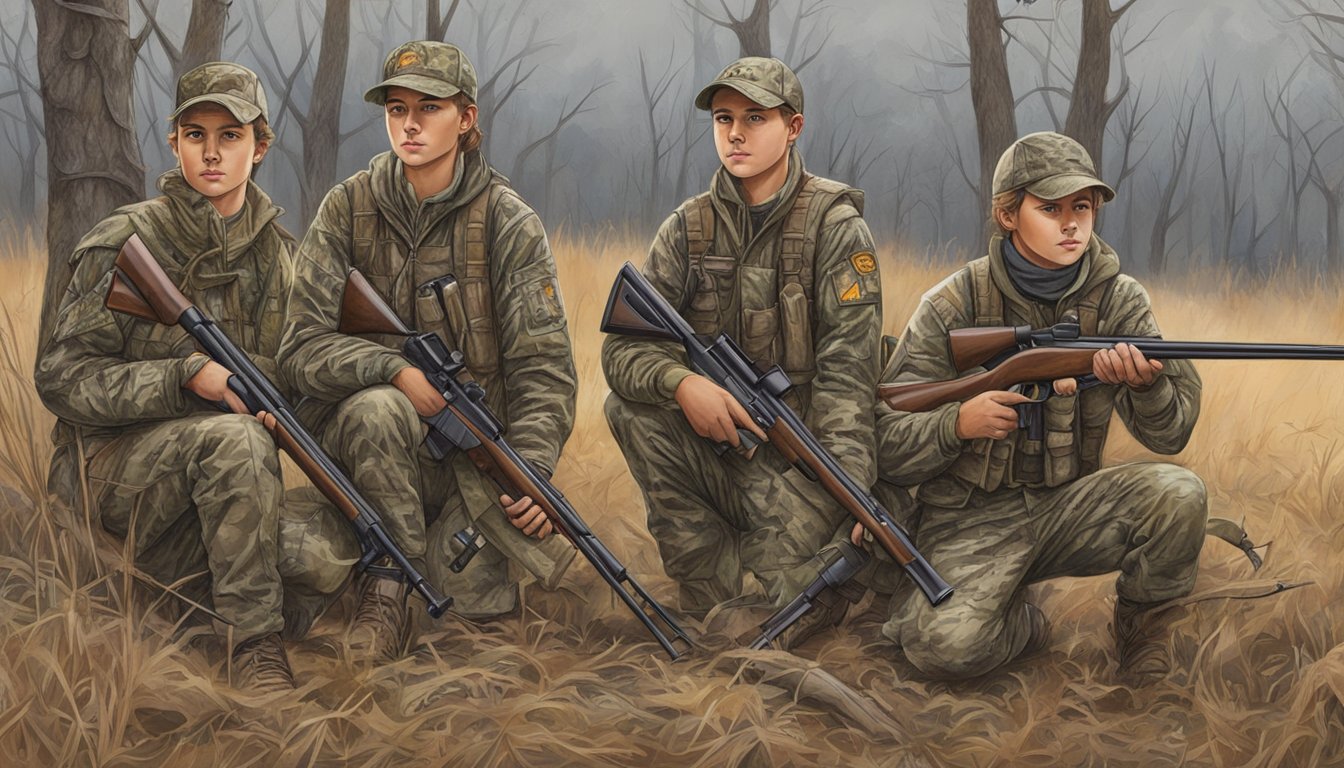 A group of young hunters in Iowa using rifles and camouflage gear