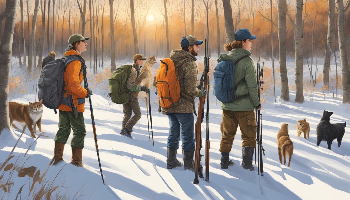 A group of young hunters in New York participating in a youth hunting program, surrounded by nature and wildlife, with mentors guiding them