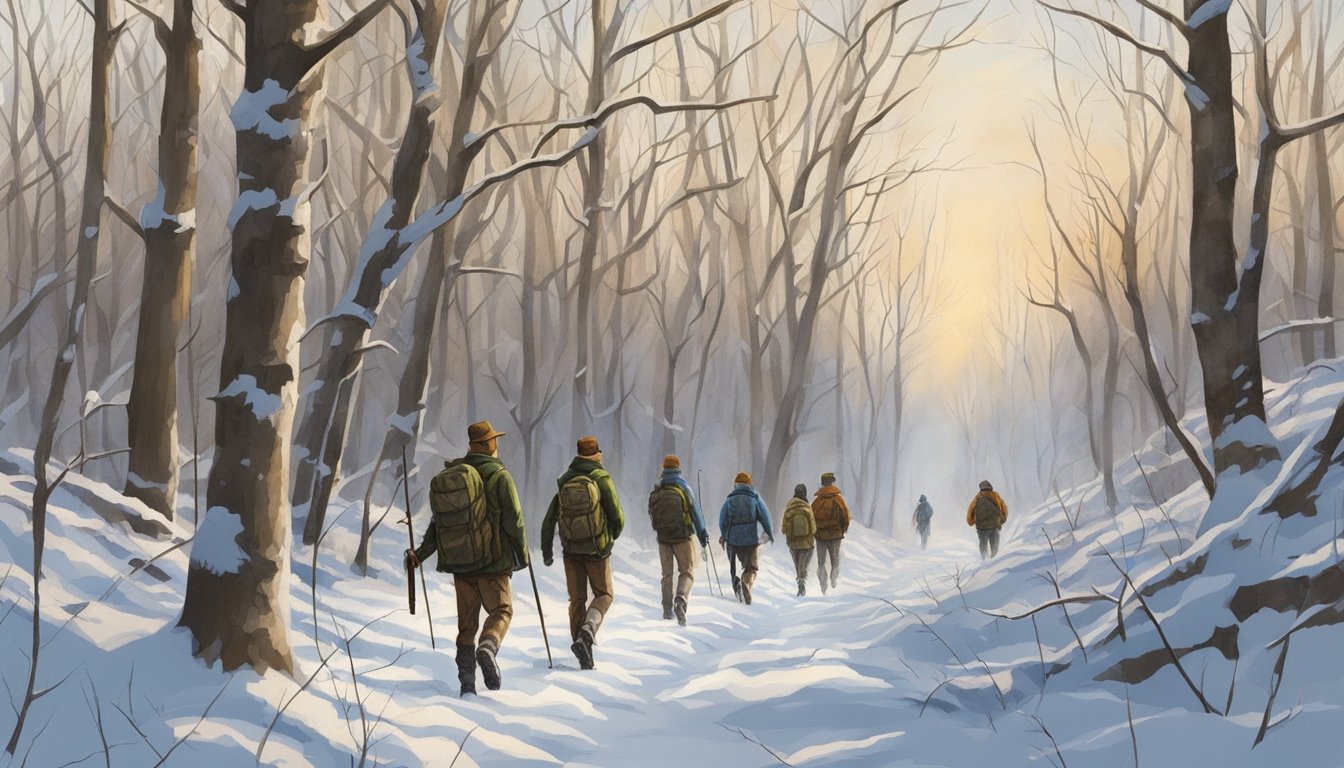 A group of young hunters trek through the snowy Iowa woods, their breath visible in the cold air. The bare trees and patches of snow indicate the winter season