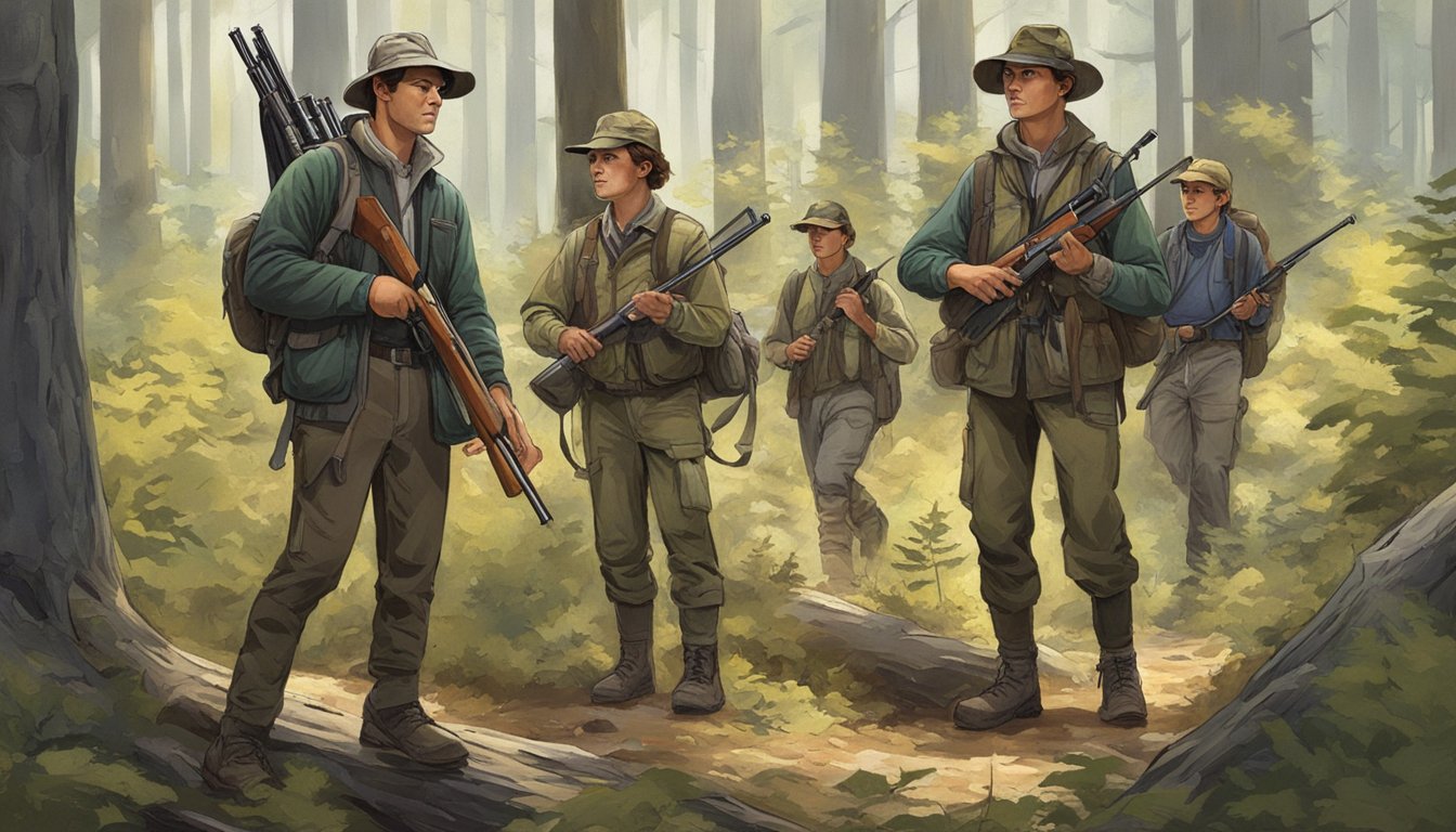 A group of young hunters with adult mentors trek through the New York wilderness, rifles in hand, scanning the forest for game