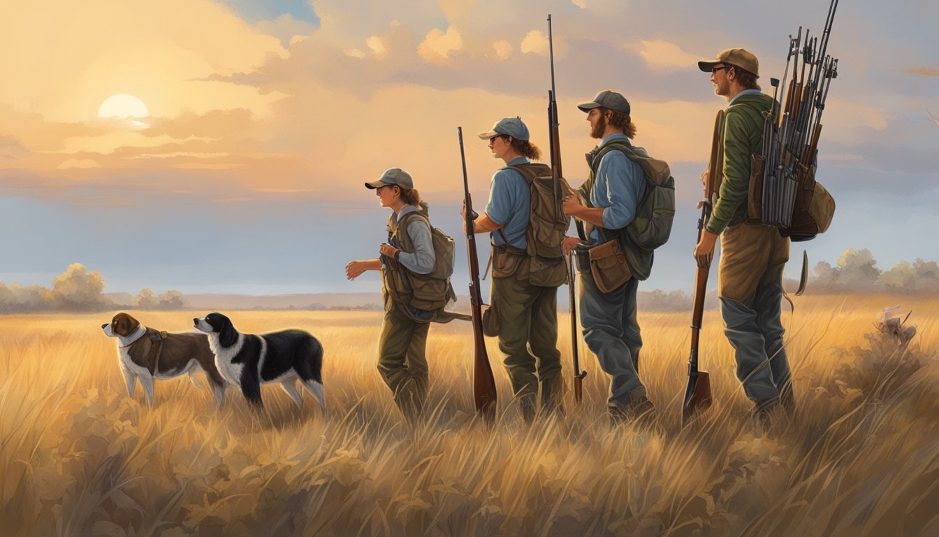 A group of young hunters in Kansas, following the state's hunting regulations, are out in the field with their gear, ready for a day of hunting