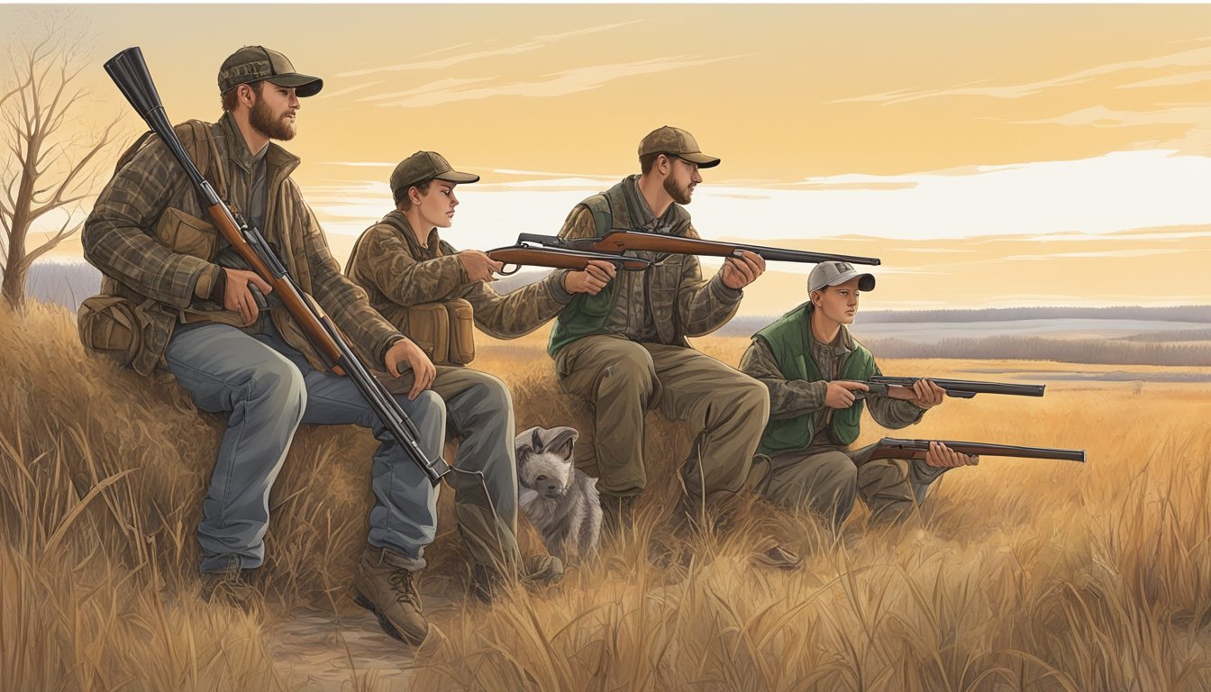 A group of young hunters in Iowa, carefully following hunting regulations and ethical guidelines, while being supervised by an adult mentor